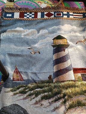 Coastal Lighthouse Tapestry Throw with Seagulls and Sailboat